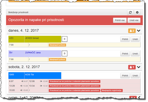 Prikaz opozoril in napak prisotnosti v nadzorniplošči