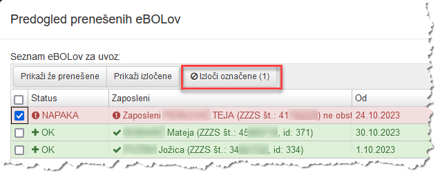 Izločitev zaposlenih iz nadaljnjih uvozov eBOL