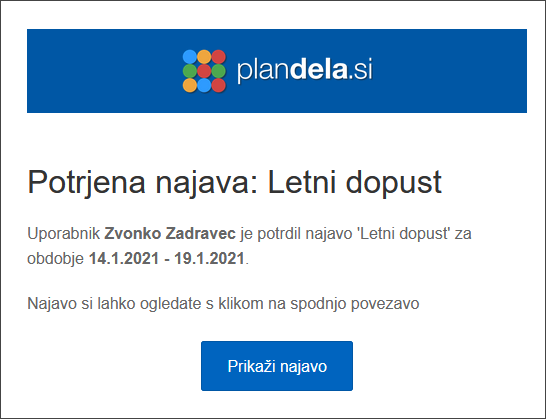 Obvestilo o spremenjenem statusu najave