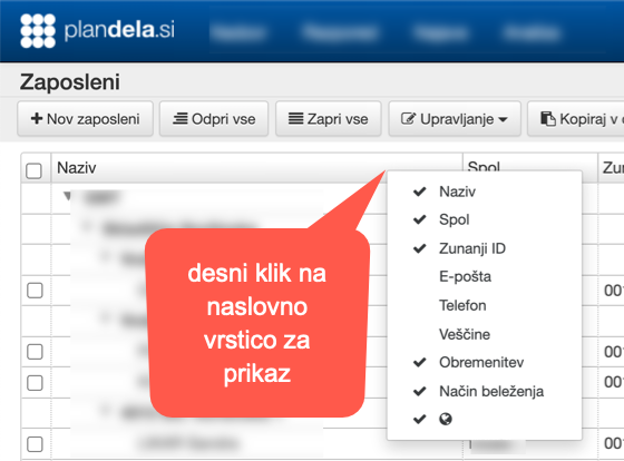 Prikaz dodatnih stolpcev v nastavitvah