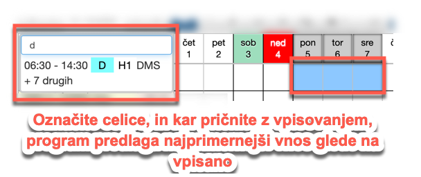 Vnos v razpored s pomočjo tipkovnice