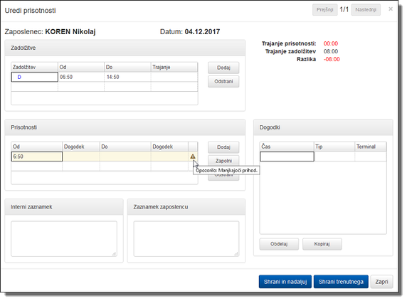 Prikaz opozoril in napak prisotnosti v oknu za urejanjeprisotnosti