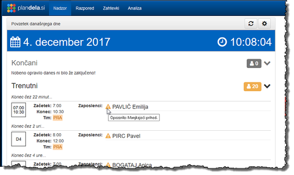 Prikaz opozoril in napak prisotnosti v nadzorniplošči