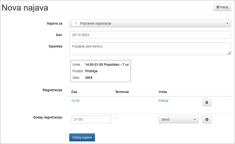 Najava manjkajoče registracije