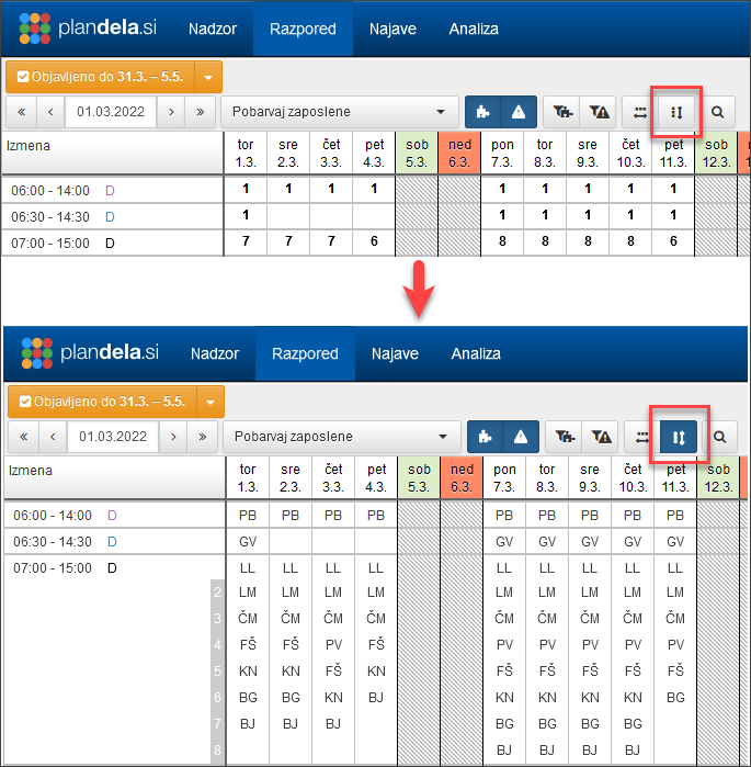 Primer razširjene/združene vrstice v Pogledu poizmenah 
