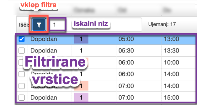 Filter rows in settings
