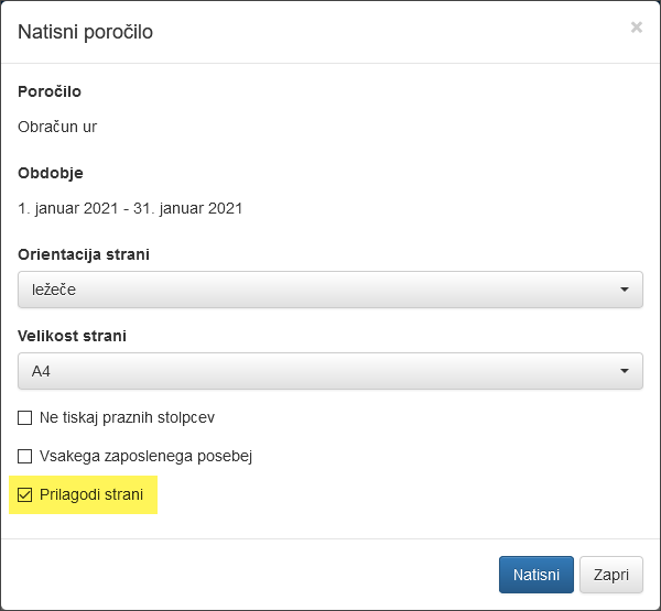 "Tiskanje zbirnega poročila"