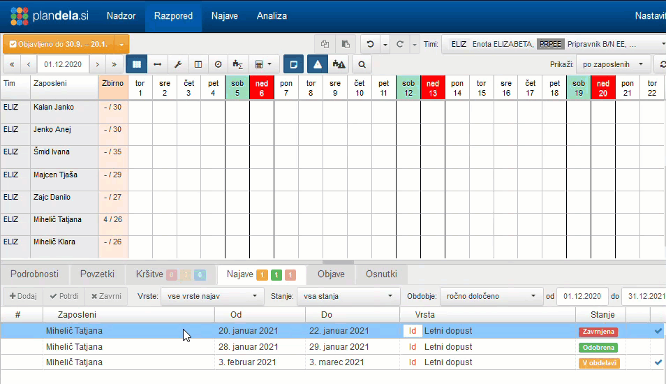 Prikaz najave v razporedu z dvojnim klikom
