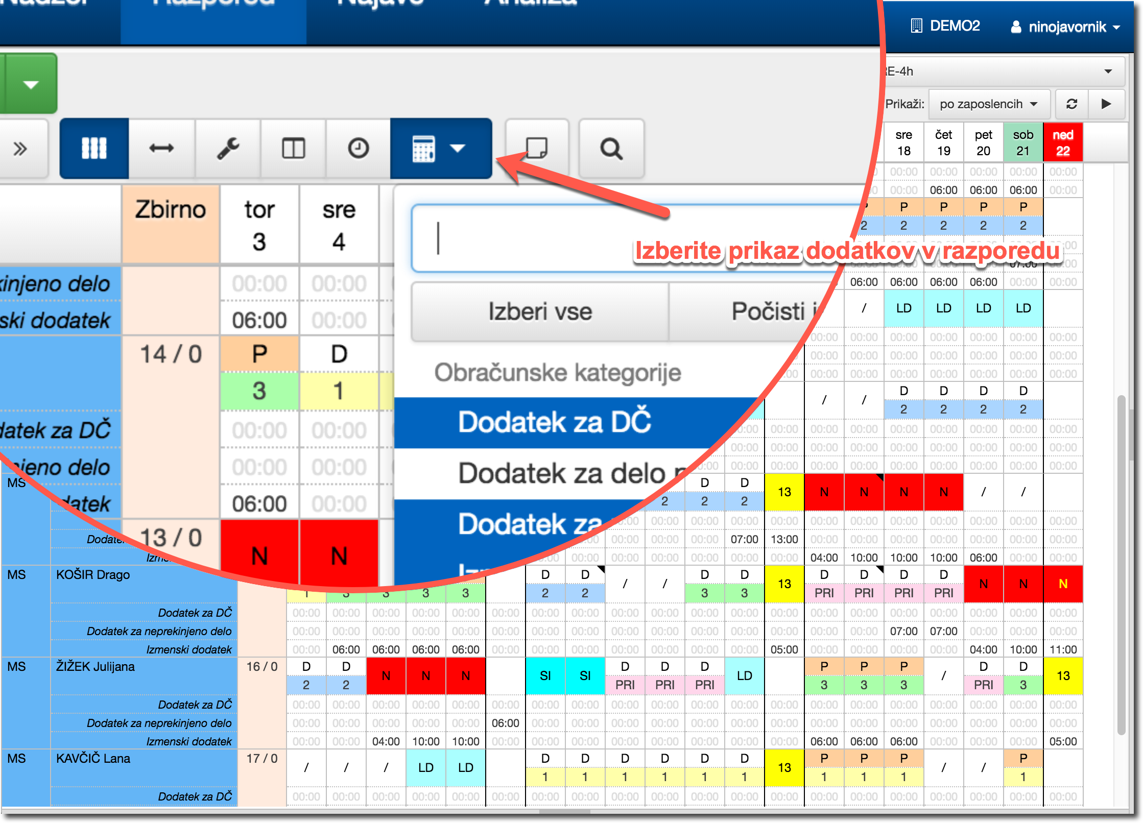 Display of supplements in the schedule